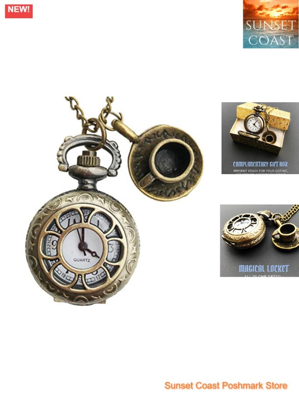 Alice in Wonderland Pocket Watch Necklace Bronze Tone Steampunk Cosplay Jewelry